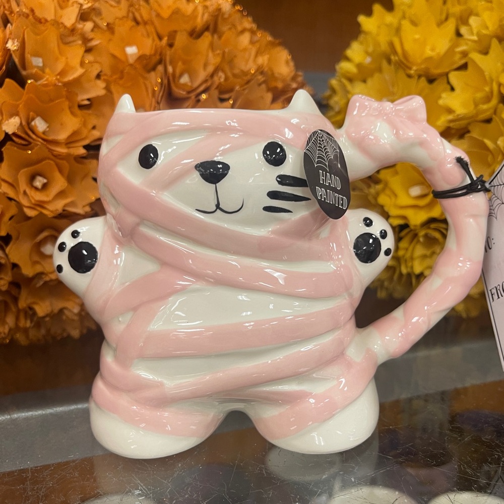 Pink Halloween Cat Mummy Cat Pink Bow Wrap Figural Ceramic Mug NWT